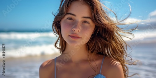 Young Woman With Long Brown Hair Posing On A Sandy Beach