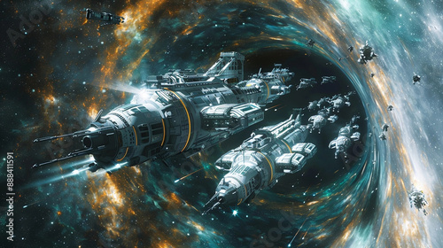 Fleet of Spaceships Approaching Galactic Vortex