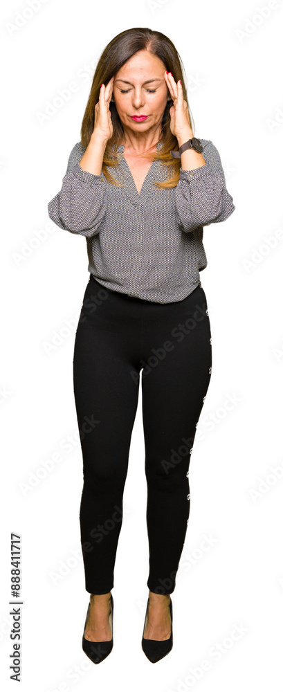 Beautiful middle age business woman with hand on head for pain in head because stress. Suffering migraine. Beautiful middle age business woman with hand on head for pain in head because stress. Suffering migraine.