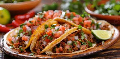 Delicious Tacos With Ground Beef, Tomato, Onion, and Cilantro