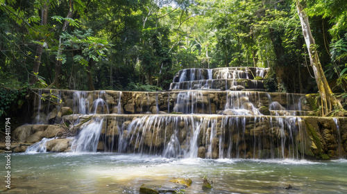 A cascading waterfall amid lush green foliage, forming an idyllic natural scene with soothing, pristine waters flowing over rocks.