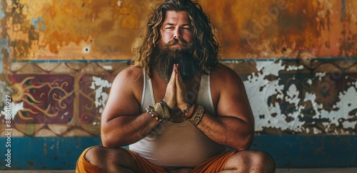 Bearded Man Practices Yoga During Sunset With Arms Raised