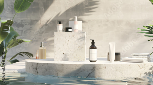 A collection of meticulously arranged skincare products displayed on a marble pedestal beside a tranquil swimming pool, evoking a sense of serene luxury.