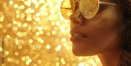 Woman Wearing Gold Glitter Sunglasses in Front of Golden Bokeh Lights
