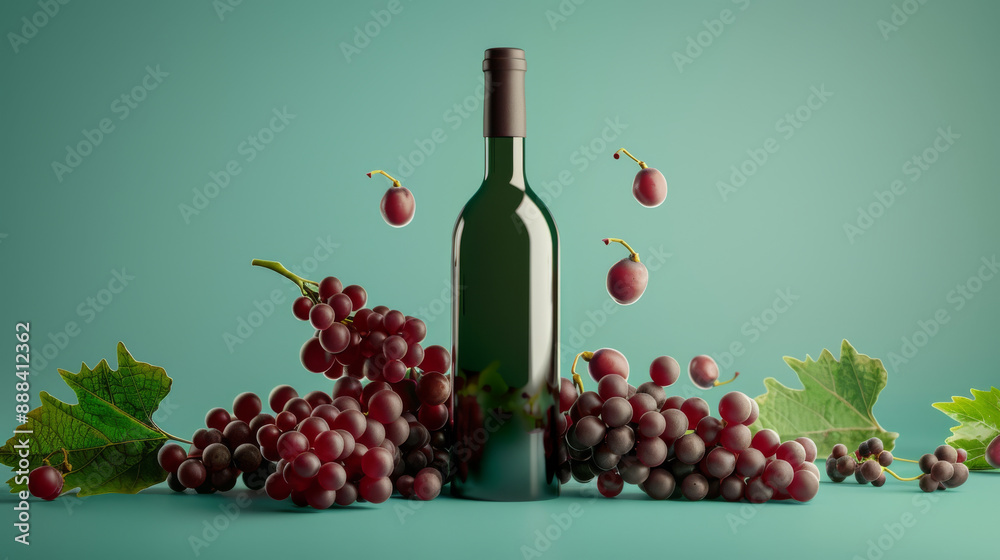 Obraz premium An elegant bottle of red wine flanked by bunches of red and purple grapes, set against a smooth teal backdrop, epitomizing luxury and indulgence.
