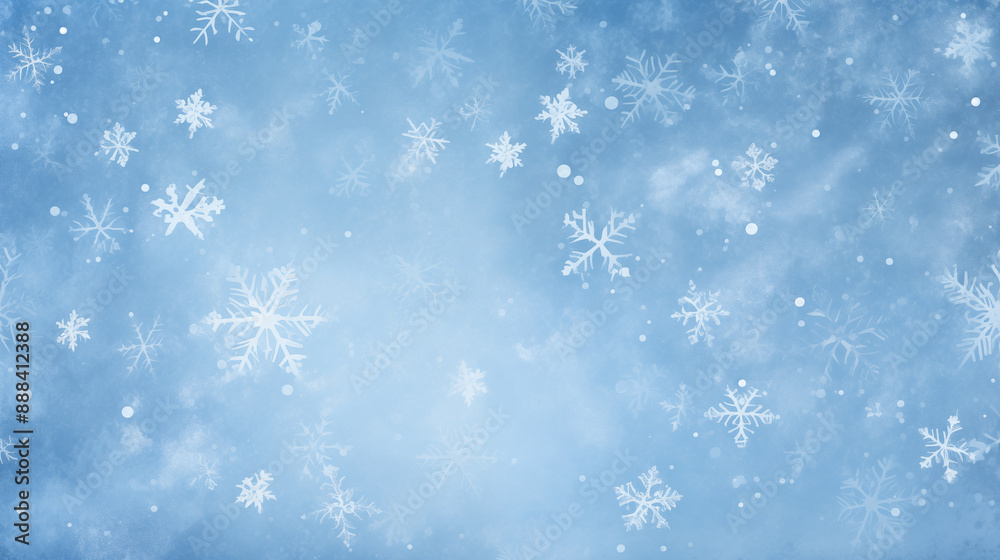 Snowflakes falling gently on a winter blue background with delicate white patterns and soft bokeh effects Snowflakes falling gently on a winter blue background with delicate white patterns and soft bokeh effects