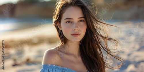 Young Woman With Long Brown Hair Posing On A Sandy Beach