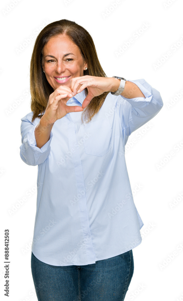 Beautiful middle age business adult woman over isolated background smiling in love showing heart symbol and shape with hands. Romantic concept. Beautiful middle age business adult woman over isolated background smiling in love showing heart symbol and shape with hands. Romantic concept.