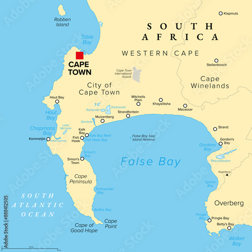 Cape Town, the legislative capital of South Africa, political map. With Cape Peninsula and Cape of Good Hope in the south, forming the False Bay with beaches of the Kalk Bay Riviera and Kalk Bay Reef.