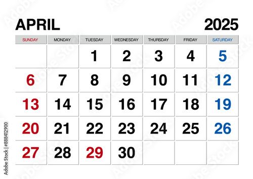2025年4月のカレンダー日曜始まり日本の祝日表記有り
