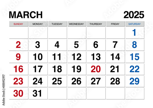 2025年3月のカレンダー日曜始まり日本の祝日表記有り
