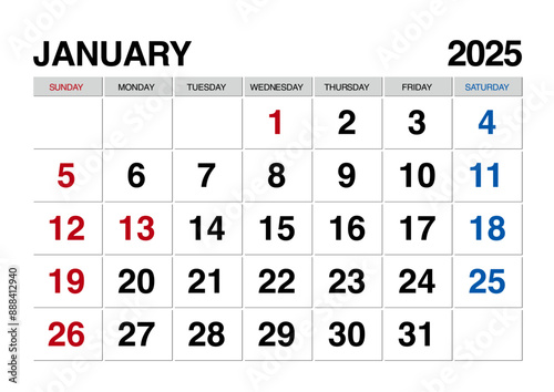 2025年1月のカレンダー日曜始まり日本の祝日表記有り
