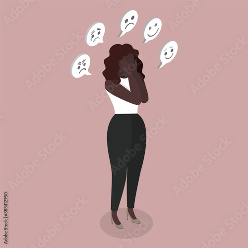 3D Isometric Flat Vector Illustration of Depression And Mental Problems, Womans Personality Disorder Causes Mood Swings and Distress
