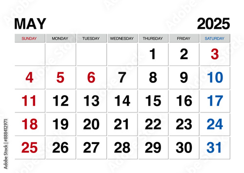 2025年5月のカレンダー日曜始まり日本の祝日表記有り
