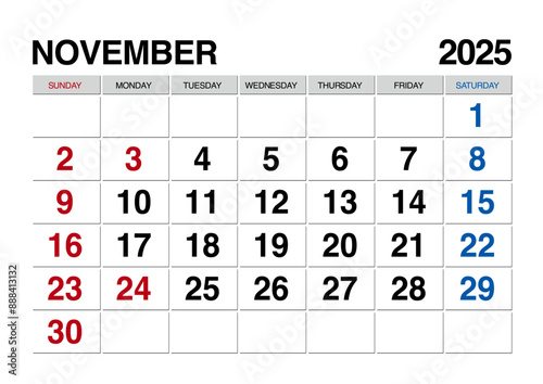 2025年11月のカレンダー日曜始まり日本の祝日表記有り

