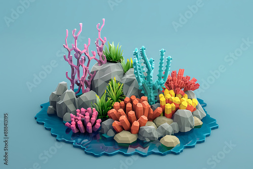 Seascape rocks and plants. Underwater view with sand and seaweed, fish floating near the bottom of the ocean.  photo