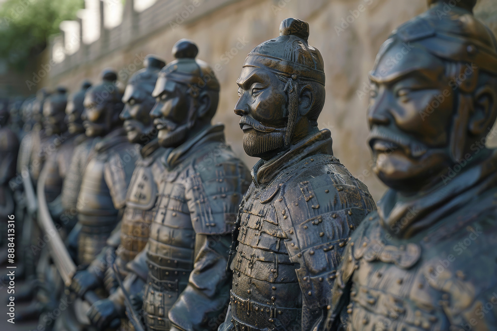 Fototapeta premium Rows of ancient warrior statues, impeccably lined up, exude an aura of history and strength.