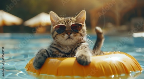 Cool Cat Relaxing In Inflatable Ring In Swimming Pool On Sunny Day