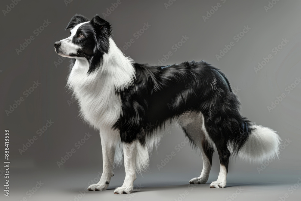 Fototapeta premium A black and white dog standing proudly, exuding confidence against a neutral grey backdrop, capturing its elegance and strong presence.