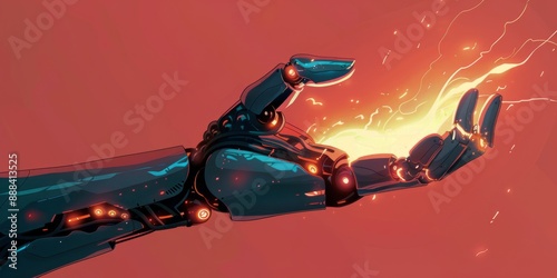 Robotic Hand Emitting Flames Against Red Background