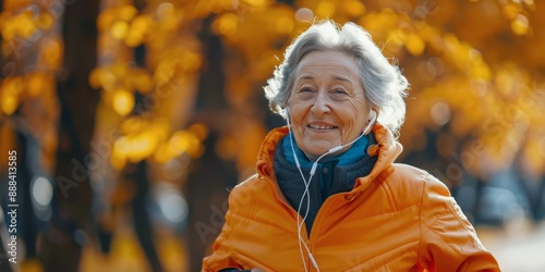 Senior Woman Smiling While Listening to Music in Autumn Park