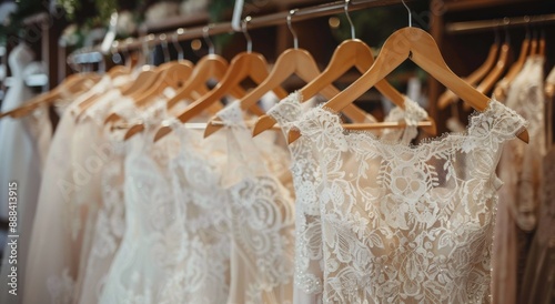 Row of White Lace Wedding Dresses Hanging on Wooden Hangers in a Bridal Boutique