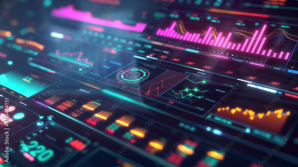High-resolution visualization of a corporate finance dashboard, with interactive graphs and indicators glowing under a sleek, futuristic interface High-resolution visualization of a corporate finance dashboard, with interactive graphs and indicators glowing under a sleek, futuristic interface
