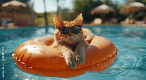 Cool Cat Relaxing In Inflatable Ring In Swimming Pool On Sunny Day