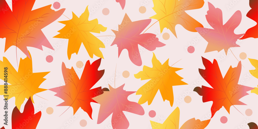 Colorful autumn seamless pattern with gradient maple leaves, dots on white background. Vector hand drawn multicolored illustration for business, wallpaper, wrapping, textile, banner. Editable stroke	