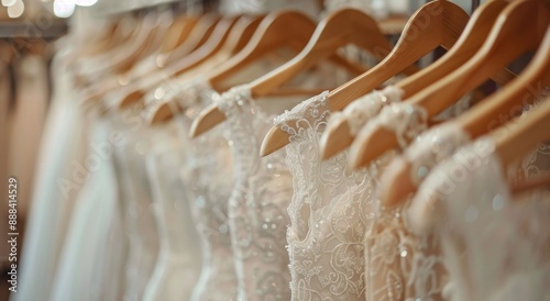 Row of White Lace Wedding Dresses Hanging on Wooden Hangers in a Bridal Boutique