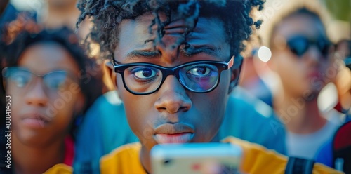 Woman With Glasses Looking at Phone in Blue and Red Light