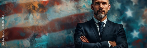 Man in Suit Standing in Front of American Flag