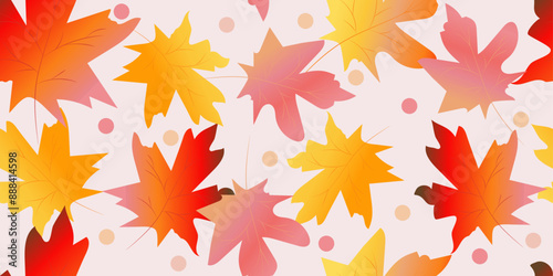 Colorful autumn seamless pattern with gradient maple leaves, dots on white background. Vector hand drawn multicolored illustration for business, wallpaper, wrapping, textile, banner. Editable stroke	