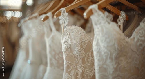 Row of White Lace Wedding Dresses Hanging on Wooden Hangers in a Bridal Boutique