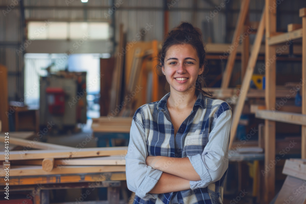 A cheerful young woman in a casual shirt stands confidently in a workshop, surrounded by woodworking tools and materials.