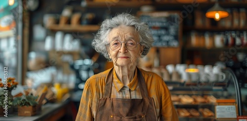 Elderly Woman Wearing Glasses Smiles While Standing at Coffee Shop Counter
