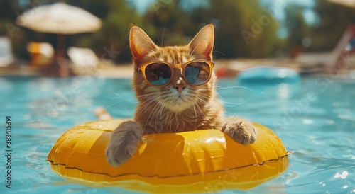 Cool Cat Relaxing In Inflatable Ring In Swimming Pool On Sunny Day