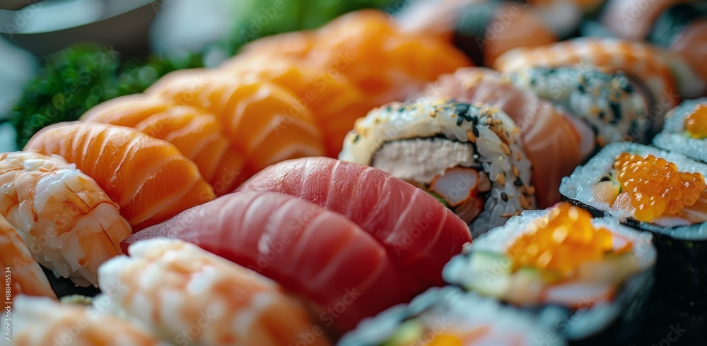 Closeup of Salmon and Ikura Nigiri Sushi Rolls Closeup of Salmon and Ikura Nigiri Sushi Rolls