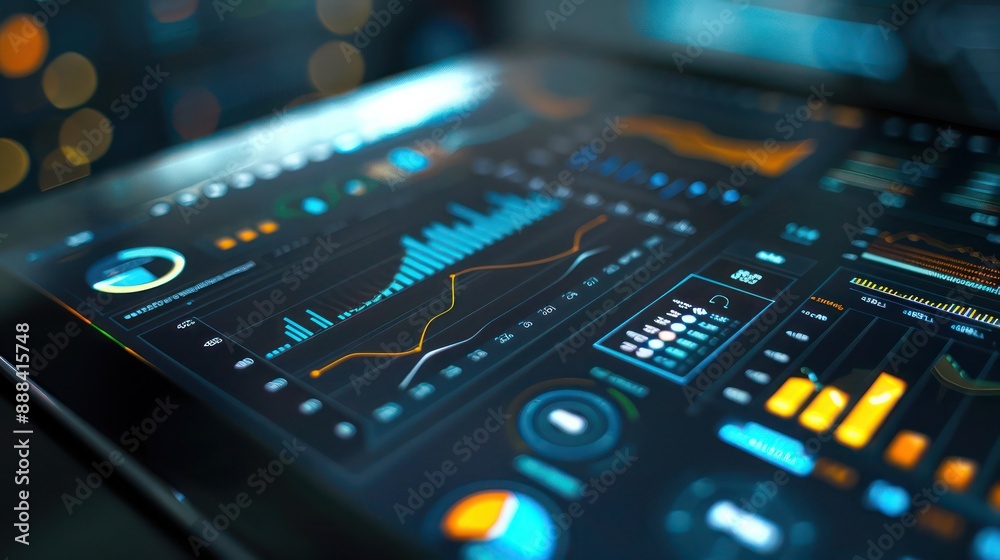 Close-up on a high-tech tablet displaying financial performance indicators in a dynamic, interactive chart Close-up on a high-tech tablet displaying financial performance indicators in a dynamic, interactive chart