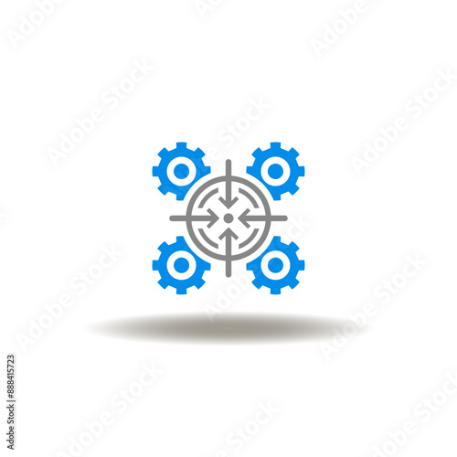 Vector illustration of aim and gear wheels mechanism. Icon of scope of work. Symbol of goals management achievement.