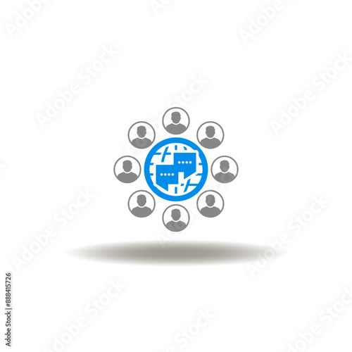 Vector illustration of earth globe with speech bubbles and people network. Icon of community. Symbol of online chatting.