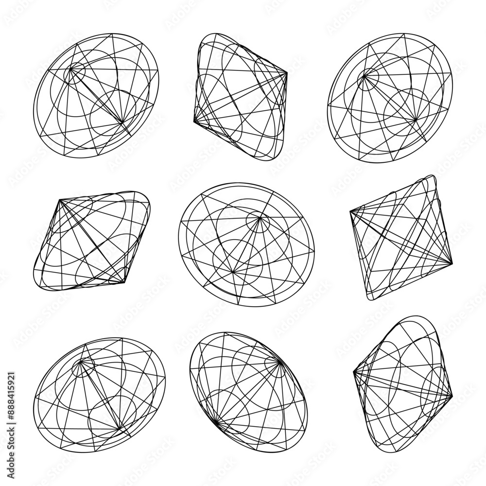 Wireframe lined shapes. Perspective mesh, 3d grid. Low poly geometric elements. Retro futuristic design elements, y2k, vaporwave and synthwave style. Vector illustration Wireframe lined shapes. Perspective mesh, 3d grid. Low poly geometric elements. Retro futuristic design elements, y2k, vaporwave and synthwave style. Vector illustration