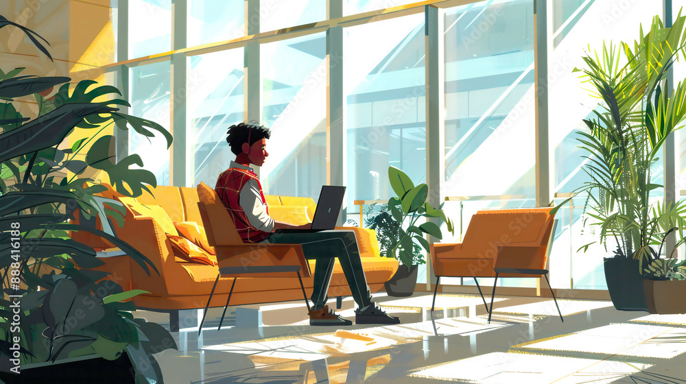 A detailed illustration of a young Indian student using a laptop for remote studying in a modern office lobby A detailed illustration of a young Indian student using a laptop for remote studying in a modern office lobby