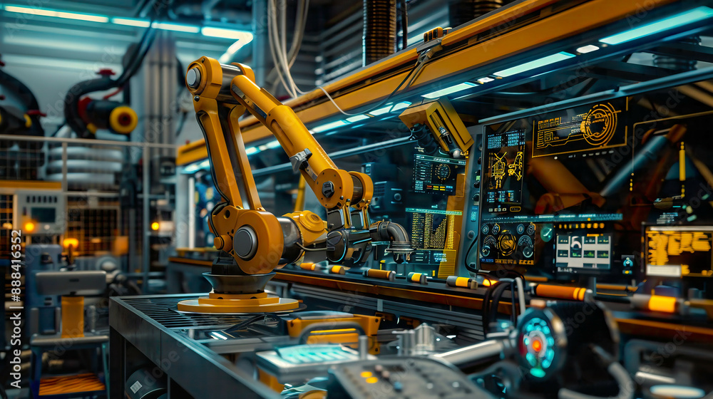 A detailed image of a heavy automation robot arm machine in a smart factory highlighting the advanced automation and connectivity of Industry 4.0 A detailed image of a heavy automation robot arm machine in a smart factory highlighting the advanced automation and connectivity of Industry 4.0