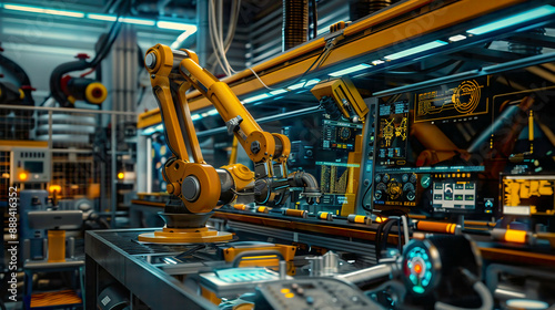 A detailed image of a heavy automation robot arm machine in a smart factory highlighting the advanced automation and connectivity of Industry 4.0