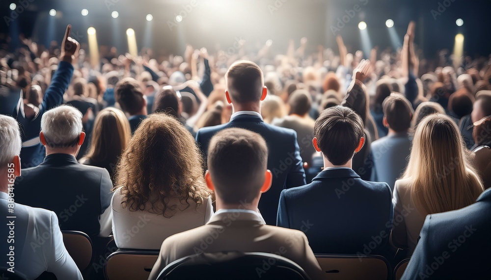 A crowd of people standing in a convention or a political rally inside a building A crowd of people standing in a convention or a political rally inside a building