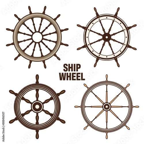 Wooden vintage steering wheels. Ship, sailboat or yacht retro wheel symbol. Brown nautical rudder icon. Marine logotype design element. Vector illustration