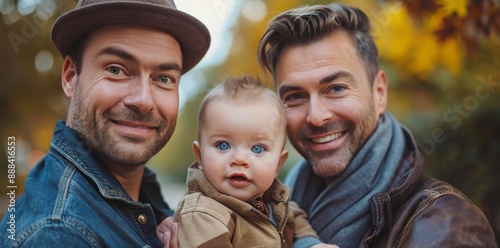 Two Men Smiling and Holding a Young Baby in an Autumnal Setting