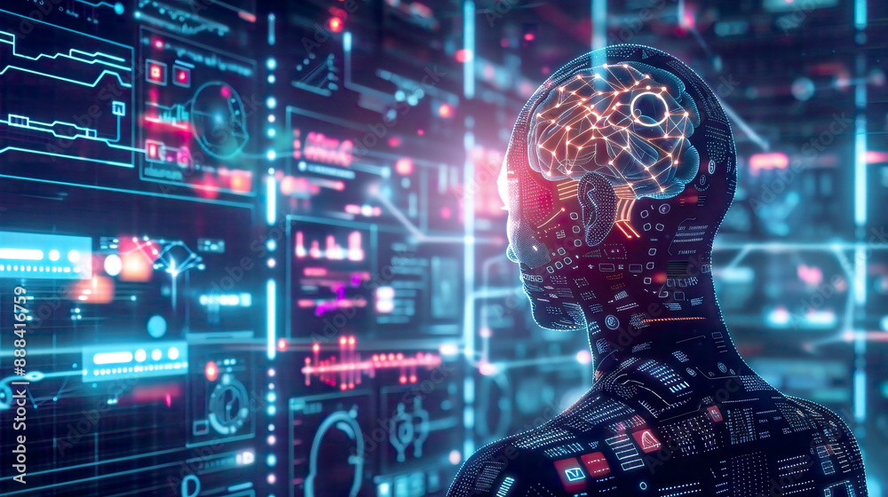 A illustration of artificial intelligence and machine learning within a business context illustrating internet technology A illustration of artificial intelligence and machine learning within a business context illustrating internet technology