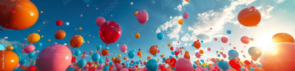 Colorful Balloons Floating in a Blue Sky on a Sunny Day